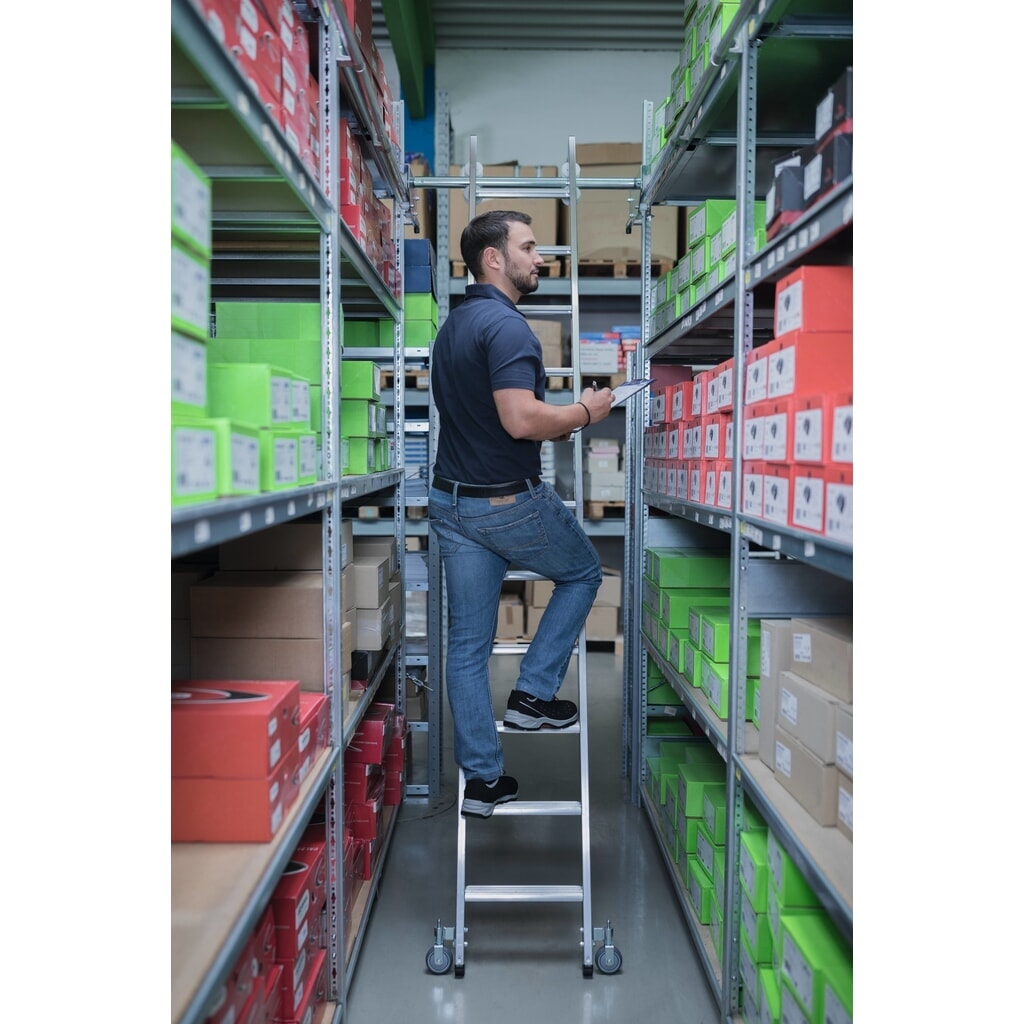 Munk Stufen-Regalleiter fahrbar für Doppelregal 6 Stufen Produktabbildung Nr. 2: Munk Stufen-Regalleiter fahrbar für Doppelregal 6 Stufen