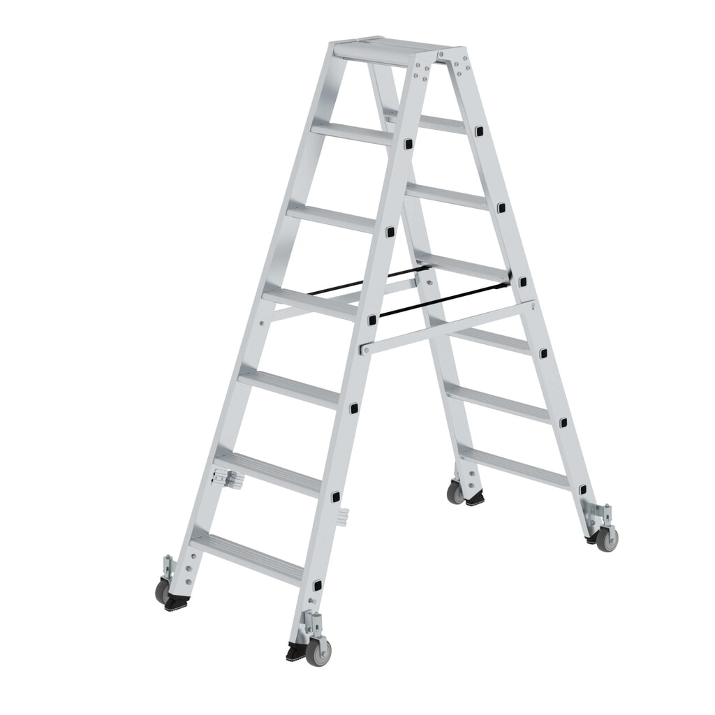 Munk Stufen-Stehleiter beidseitig begehbar mit Rollen 2x7 Stufen Produktabbildung: Munk Stufen-Stehleiter beidseitig begehbar mit Rollen 2x7 Stufen