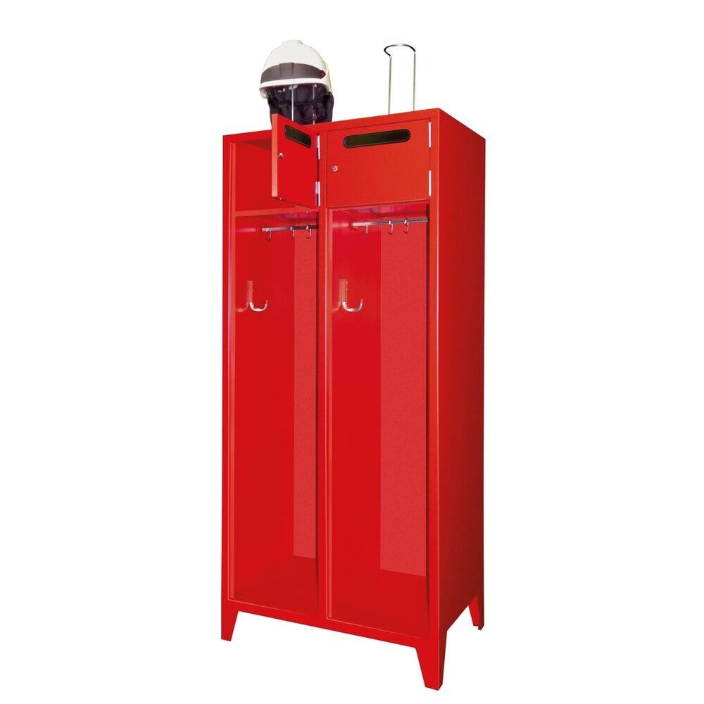 Produktabbildung: PAVOY Feuerwehrschrank mit Edelstahl-Helmhalter, Füsse, 2tlg., AB 400, Schliessfachtüren mit Einwurfschlitz und Zylinderschloss