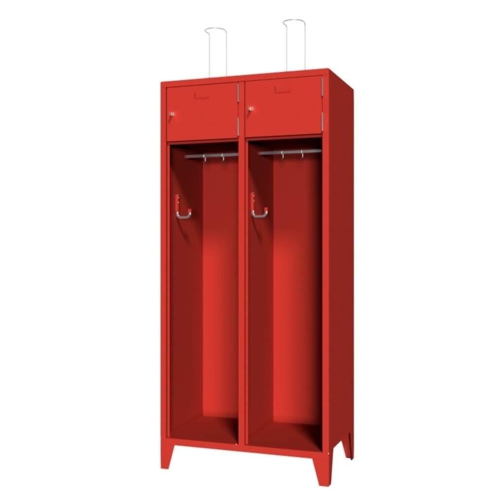 Produktabbildung: PAVOY Feuerwehrschrank mit Edelstahl-Helmhalter, Füsse, 2tlg., AB 400, Schliessfachtüren mit Etikettenrahmen und Zylinderschloss
