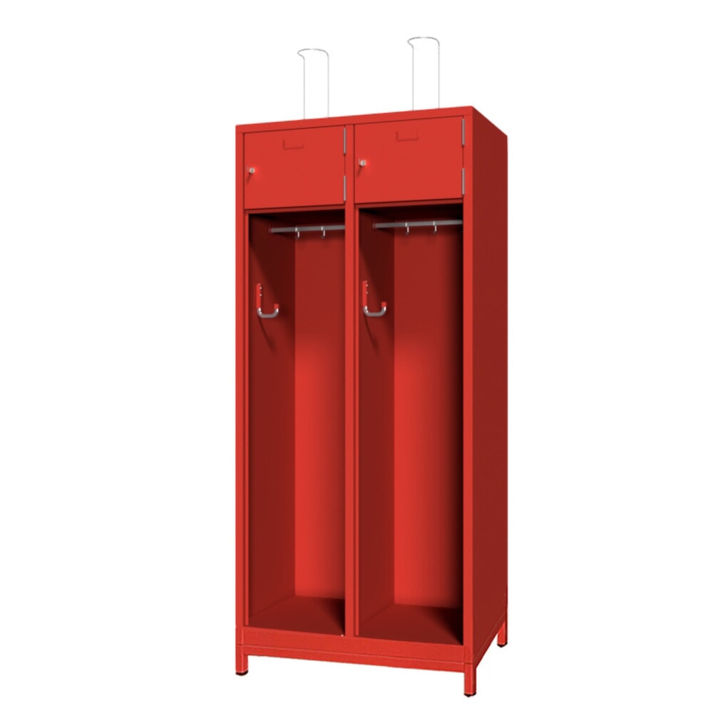 Produktabbildung: PAVOY Feuerwehrschrank mit Edelstahl-Helmhalter, Untergestell, 2tlg., AB 400, Schliessfachtüren mit Etikettenrahmen und Zylinderschloss