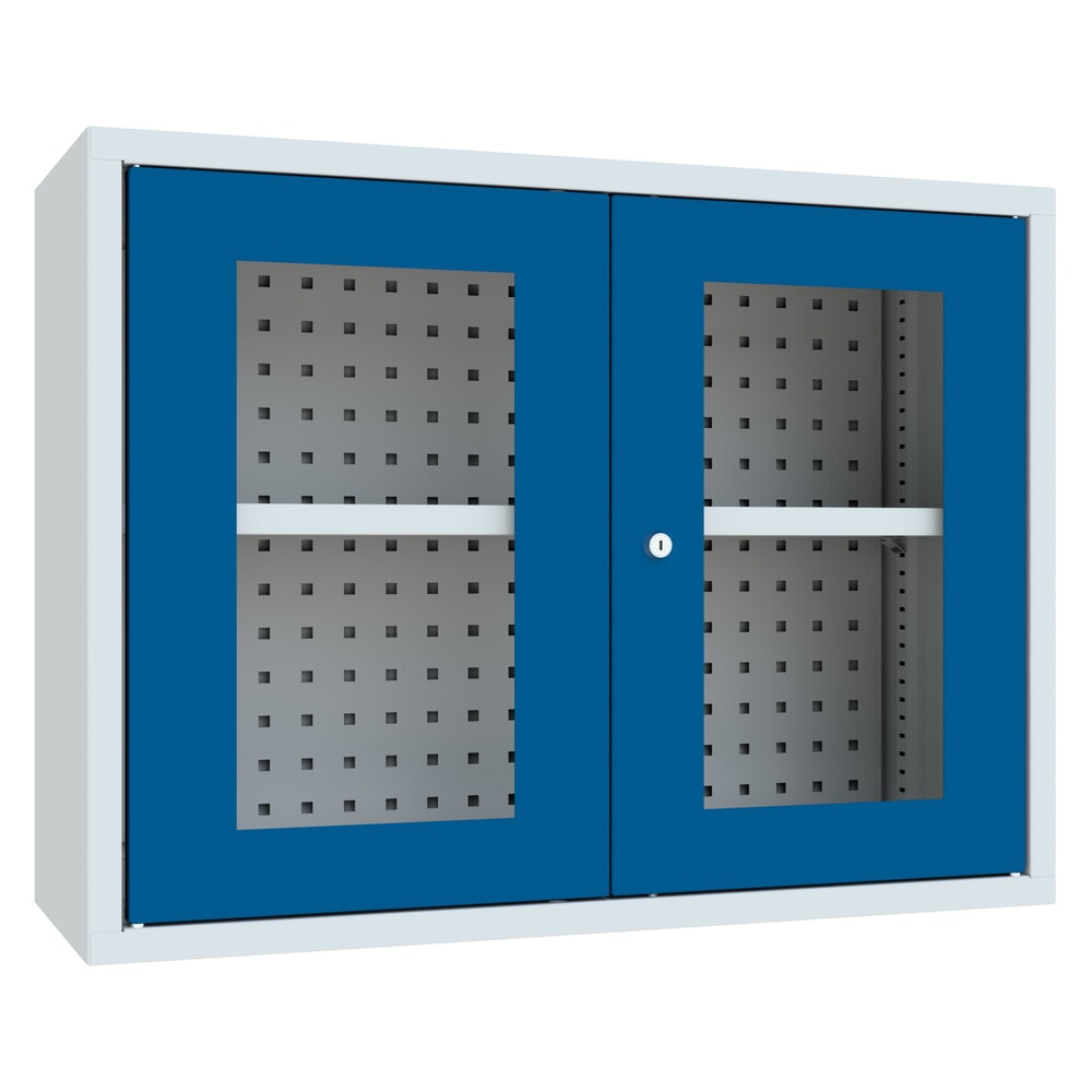 Produktabbildung: PAVOY Hängeschrank mit Sichtfenster, HxBxT 600 x 800 x 300 mm, Lochrückwand, enzianblau, lichtgrau