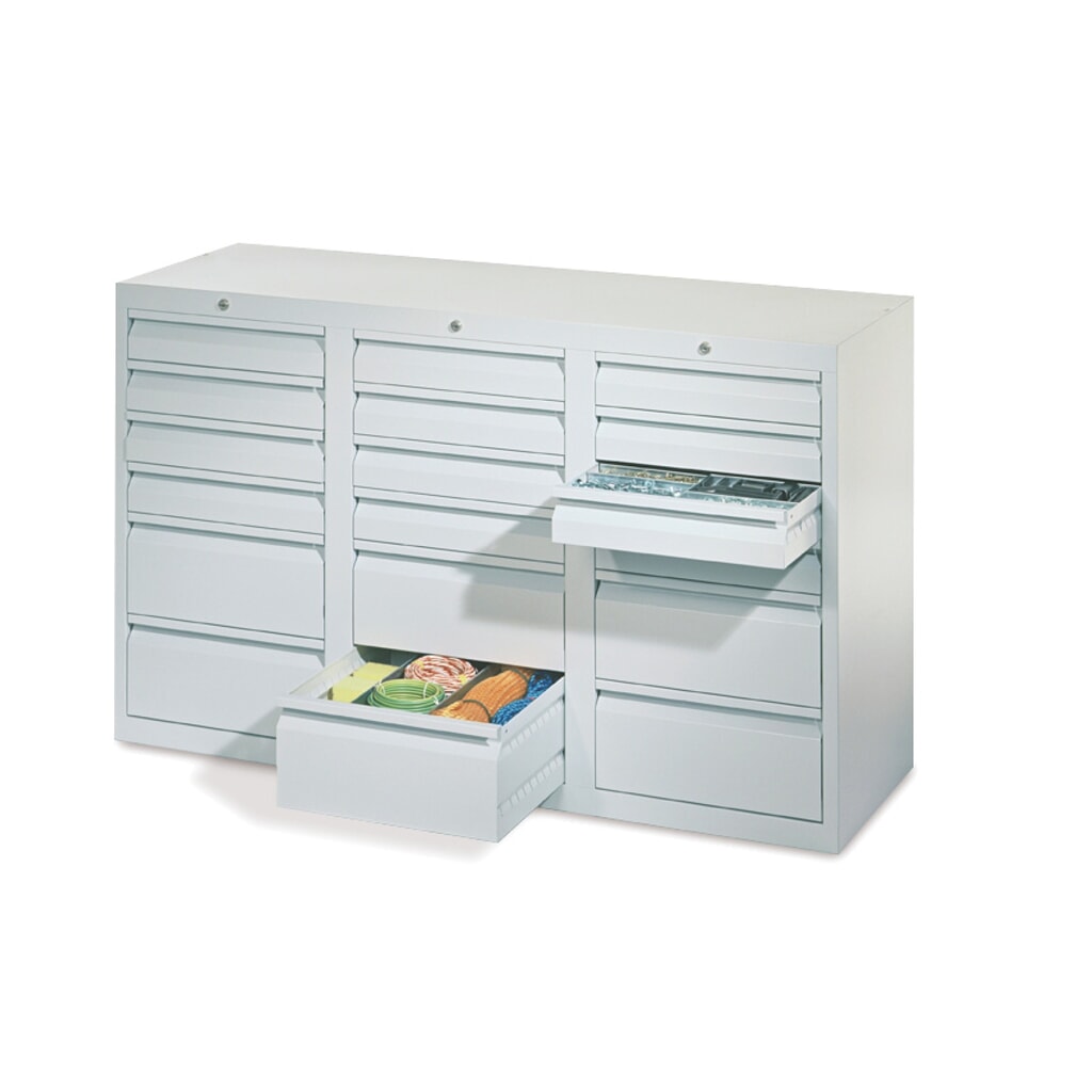 PAVOY Leichter Schubladenschrank, Rollenführung, Schubladen 12x100 + 6x200 mm, Breite 1.500 mm, enzianblau, lichtgrau Produktabbildung: PAVOY Leichter Schubladenschrank, Rollenführung, Schubladen 12x100 + 6x200 mm, Breite 1.500 mm, enzianblau, lichtgrau