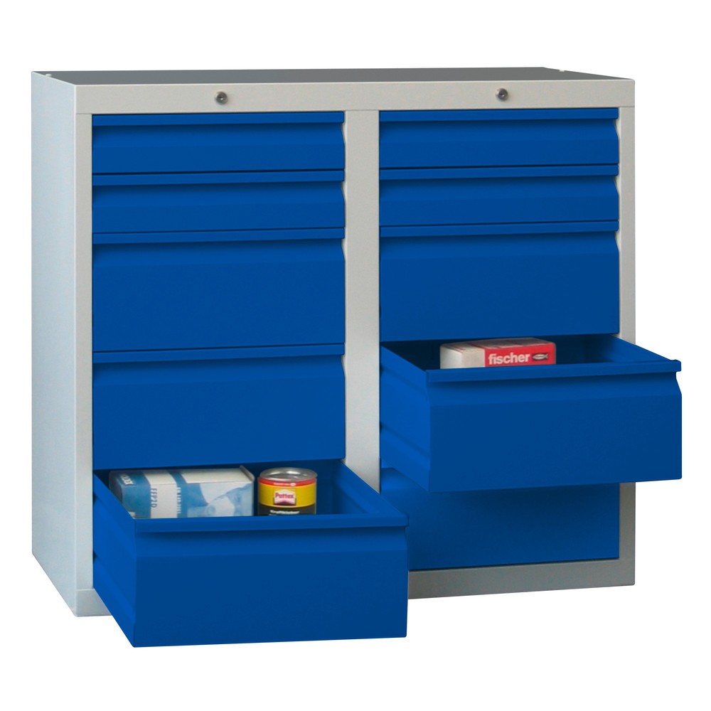 Produktabbildung: PAVOY Leichter Schubladenschrank, Rollenführung, Schubladen 4x100 + 6x200 mm, Breite 1.000 mm, enzianblau, lichtgrau