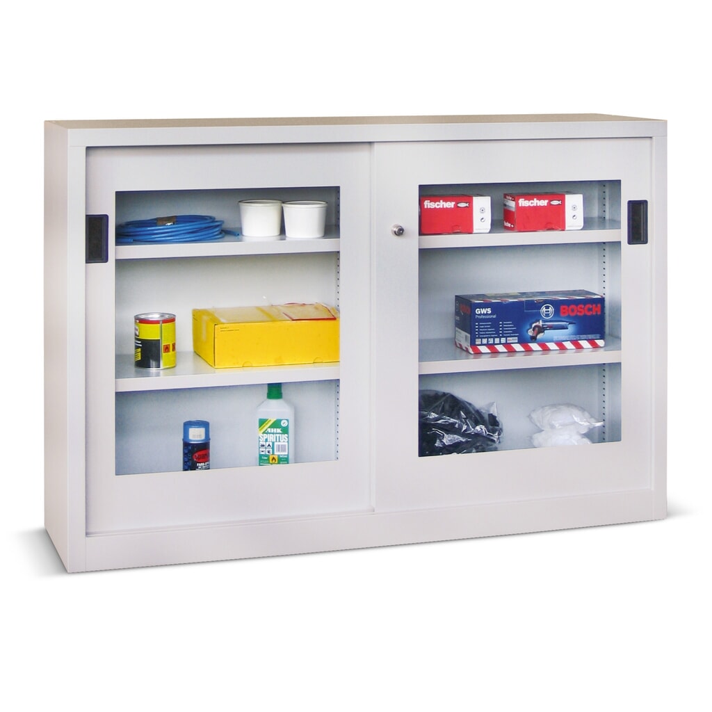 PAVOY Schiebetürenschrank mit Sichtfenstern, 2 Fachböden, HxBxT 1.000 x 1.000 x 500 mm, lichtgrau, lichtgrau Produktabbildung Nr. 1: PAVOY Schiebetürenschrank mit Sichtfenstern, 2 Fachböden, HxBxT 1.000 x 1.000 x 500 mm, lichtgrau, lichtgrau