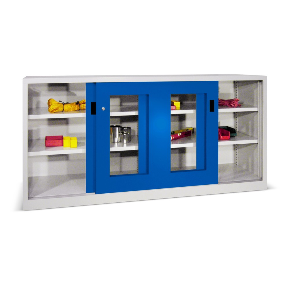 Produktabbildung: PAVOY Schiebetürenschrank mit Sichtfenstern, 4 Fachböden + Trennwand, HxBxT 1.000 x 1.500 x 400 mm, lichtblau, lichtgrau