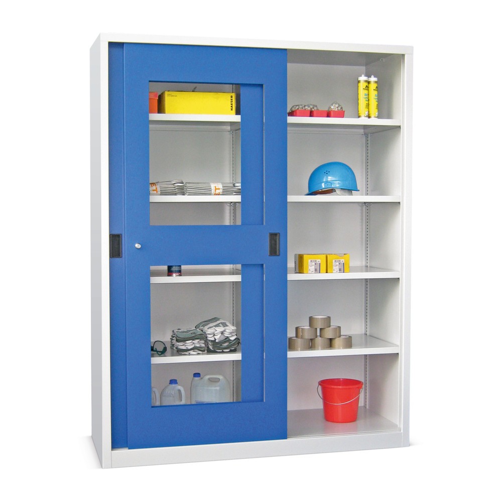 Produktabbildung: PAVOY Schiebetürenschrank mit Sichtfenstern, 8 Fachböden + Trennwand, HxBxT 1.950 x 1.500 x 400 mm, himmelblau, lichtgrau