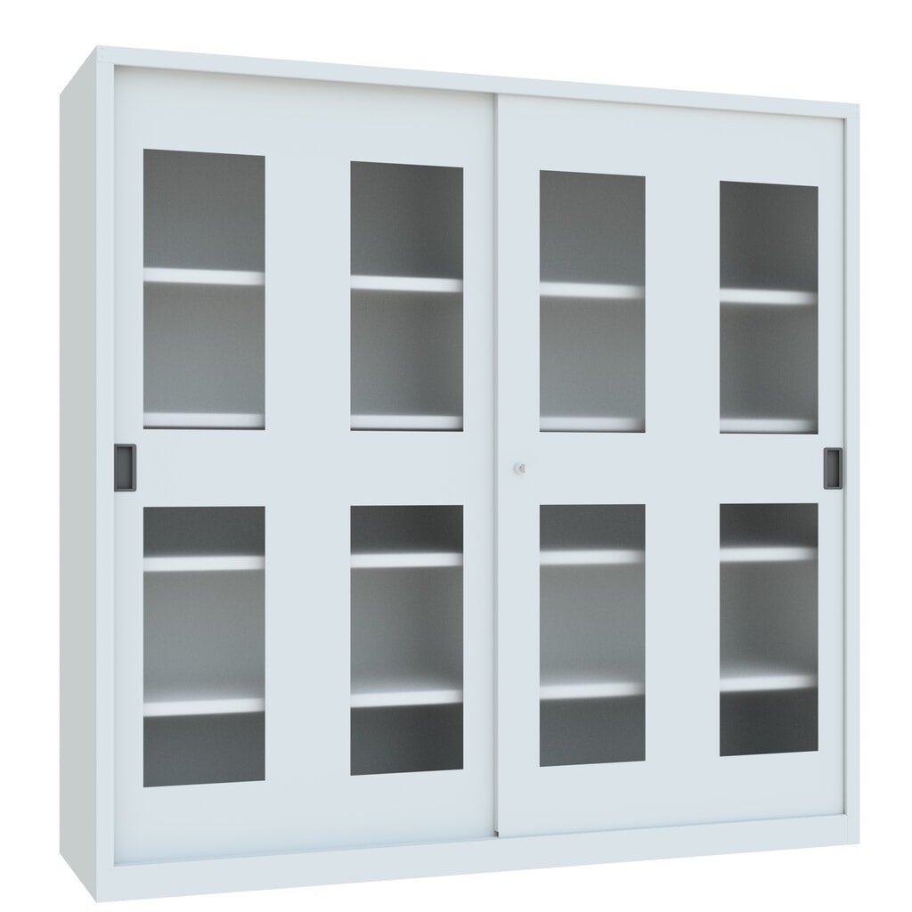 PAVOY Schiebetürenschrank mit Sichtfenstern, 8 Fachböden + Trennwand, HxBxT 1.950 x 2.000 x 600 mm, lichtgrau, lichtgrau Produktabbildung Nr. 3: PAVOY Schiebetürenschrank mit Sichtfenstern, 8 Fachböden + Trennwand, HxBxT 1.950 x 2.000 x 600 mm, lichtgrau, lichtgrau