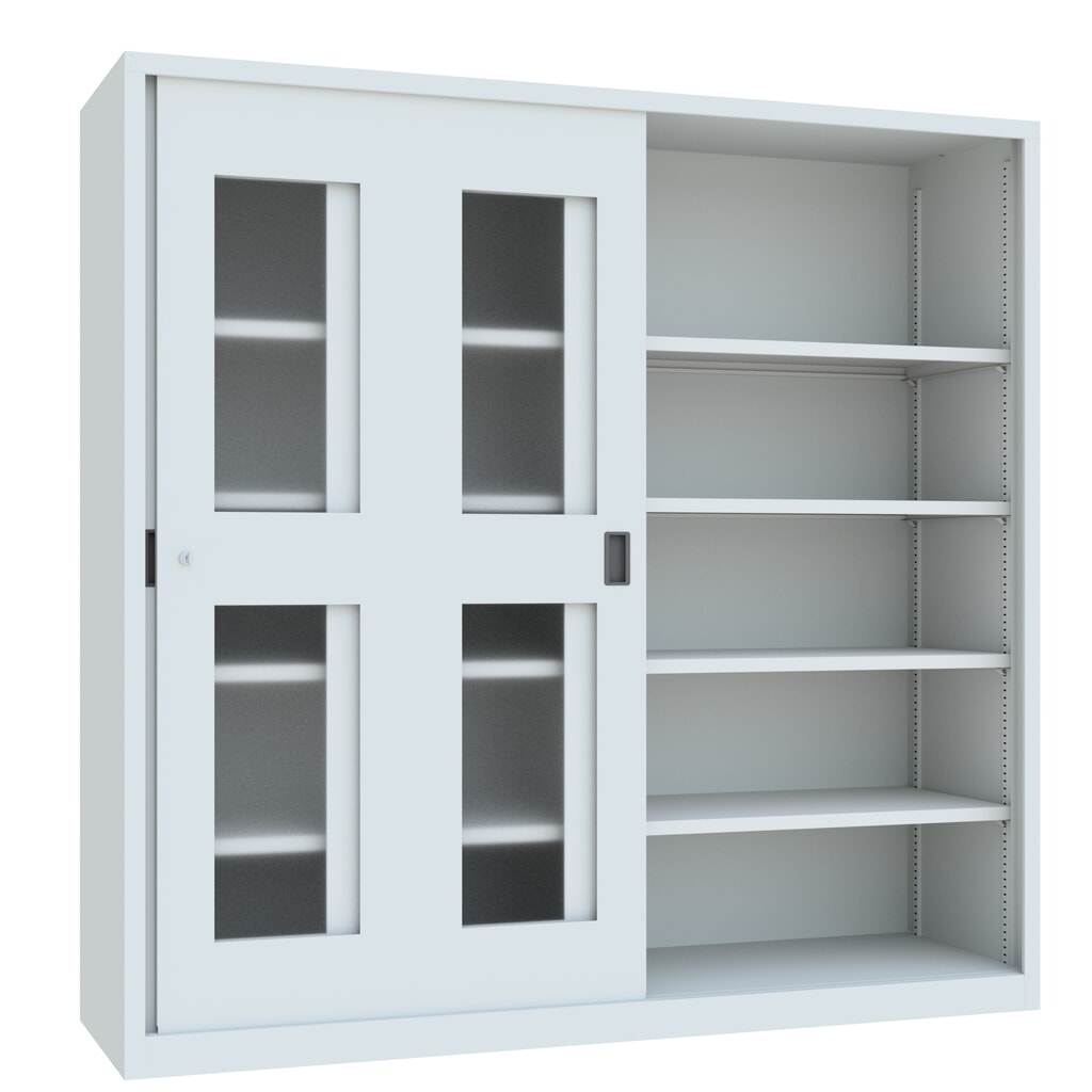 PAVOY Schiebetürenschrank mit Sichtfenstern, 8 Fachböden + Trennwand, HxBxT 1.950 x 2.000 x 600 mm, lichtgrau, lichtgrau Produktabbildung Nr. 4: PAVOY Schiebetürenschrank mit Sichtfenstern, 8 Fachböden + Trennwand, HxBxT 1.950 x 2.000 x 600 mm, lichtgrau, lichtgrau