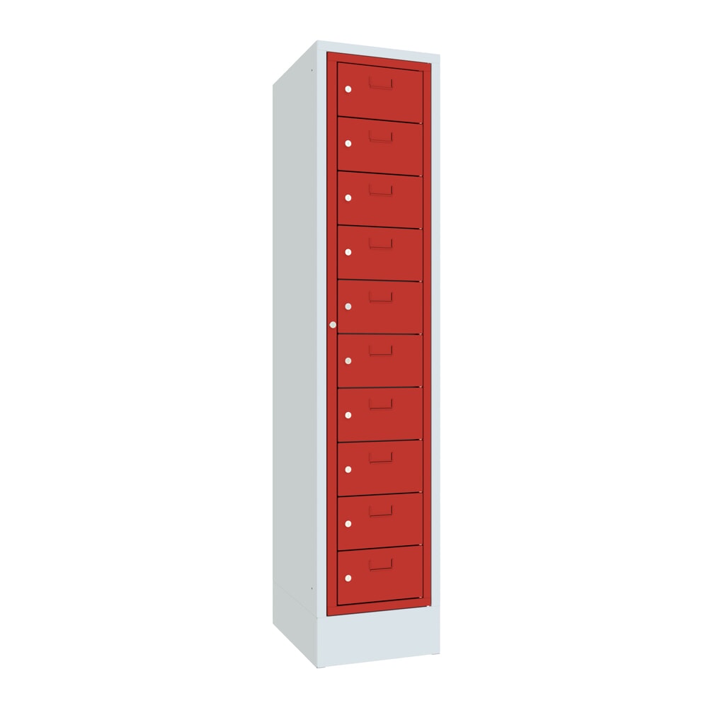 Produktabbildung Nr. 1: PAVOY Schliessfachschrank mit Zentraltür, 1 x 10 Fächer, HxBxT 1.850 x 400 x 500 mm, mit Sockel, feuerrot, lichtgrau