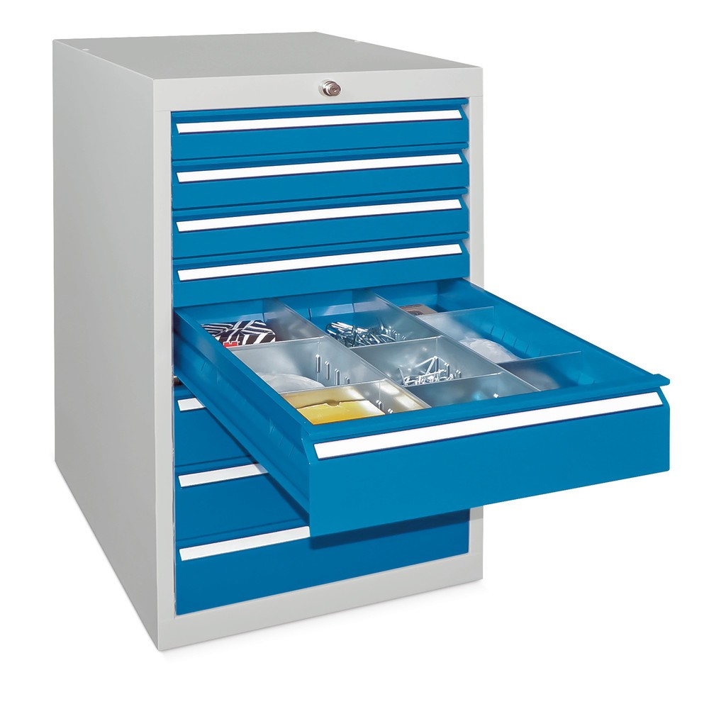 Produktabbildung: PAVOY Schubladenschrank, Höhe 1.000 mm, Schubladen 8x75 + 1x100 + 1x200 mm, Breite 500 mm, lichtgrau, enzianblau