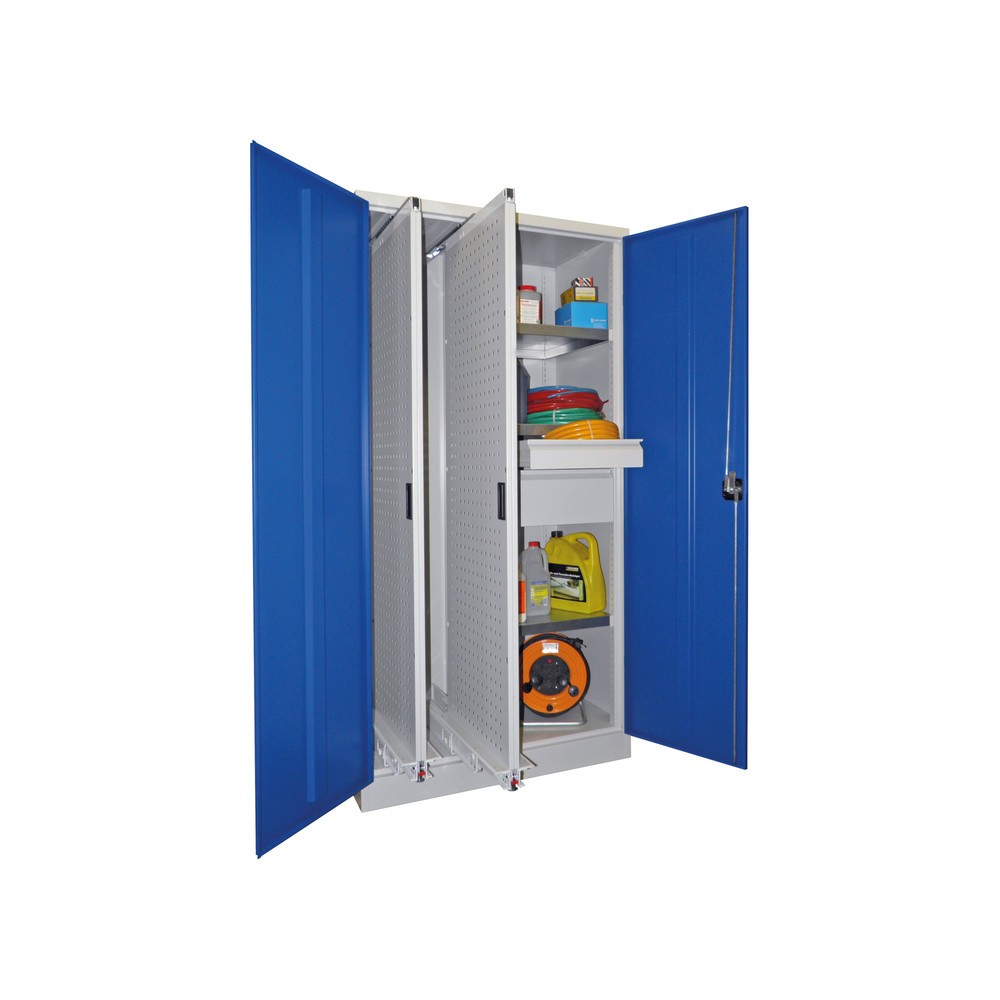 Produktabbildung Nr. 1: PAVOY Vertikalauszugschrank mit Trennwand + 2 Lochwandauszügen + 3 Böden + 2 Schubladen, lichtblau, lichtgrau