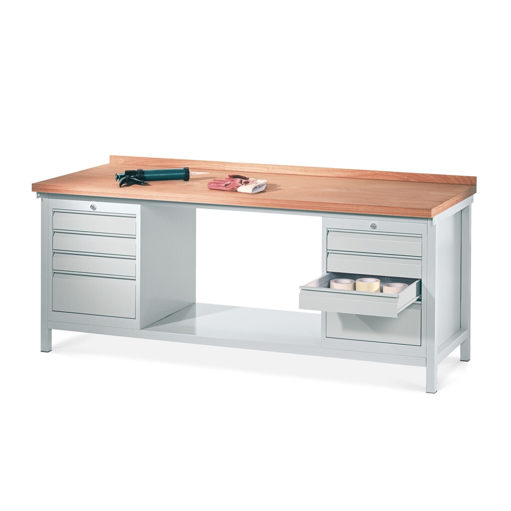 Produktabbildung: PAVOY Werkbank mit 2 Schubladenblöcken, HxBxT 900 x 2.000 x 700 mm, lichtgrau, lichtgrau