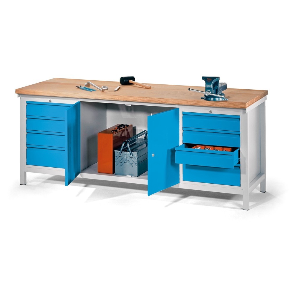 Produktabbildung: PAVOY Werkbank mit 2 Schubladenblöcken + Schrank, HxBxT 900 x 2.000 x 700 mm, anthrazitgrau, enzianblau