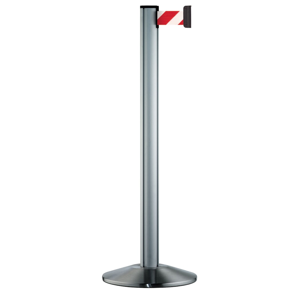 Produktabbildung: Personen-Leitsystem Classic, Ständer satiniert, Gurtfarbe rot / weiss diagonal gestreift