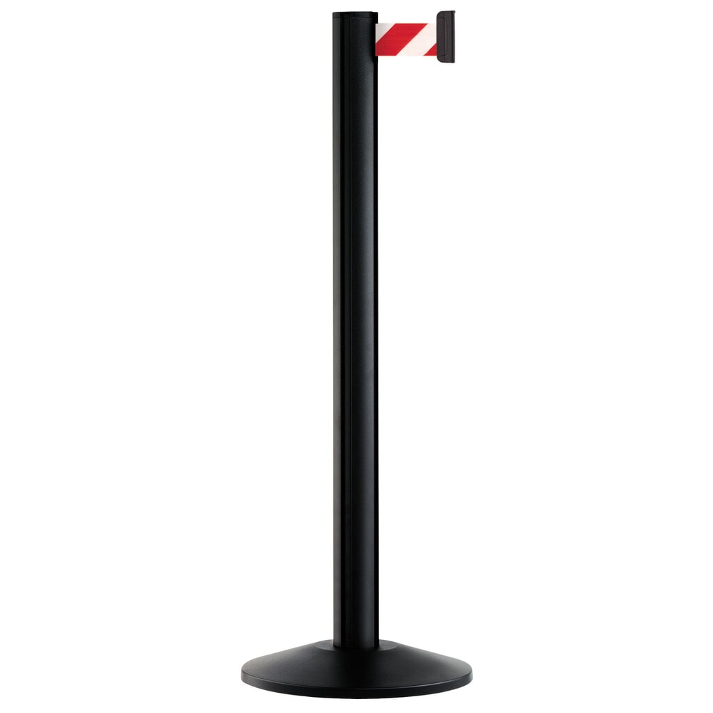 Produktabbildung: Personen-Leitsystem Classic, Ständer schwarz, Gurtfarbe rot / weiss diagonal gestreift