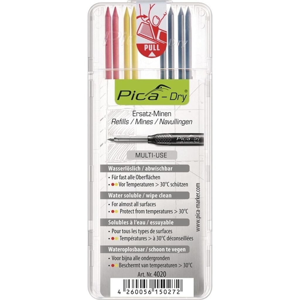 Produktabbildung: PICA Minenset Pica-Dry, feucht abwischbar, 4x schwarz, 2x rot, 2x gelb, 8 Minen / Set