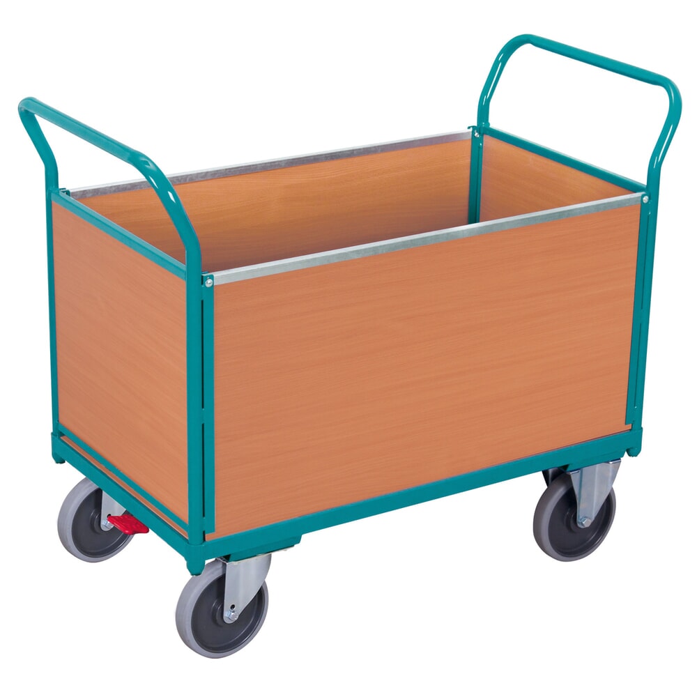 Produktabbildung: Plattformwagen Ameise®, 4-seitig mit Holzwänden, Ladefläche BxT 652 x 1.000 mm, mit Zentralbremse