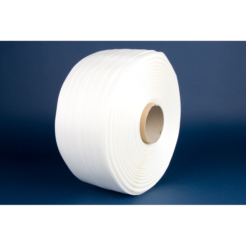 Produktabbildung: Umreifungsband aus Polyester, Fadenstrukturband Hot Melt, verleimt, 25 mm x  500 lfm., Kern-Ø 76 mm, Stärke 0,70 mm, weiss