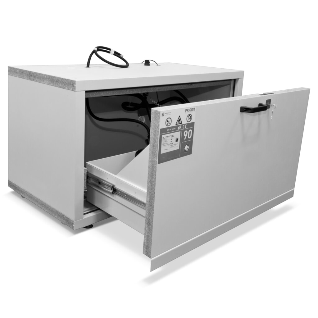 PRIORIT Untertisch-Brandschutzschrank, Feuerwiderstand 90 Min., HxBxT 630 x 592 x 570 mm, 1 Vollauszug Produktabbildung: PRIORIT Untertisch-Brandschutzschrank, Feuerwiderstand 90 Min., HxBxT 630 x 592 x 570 mm, 1 Vollauszug