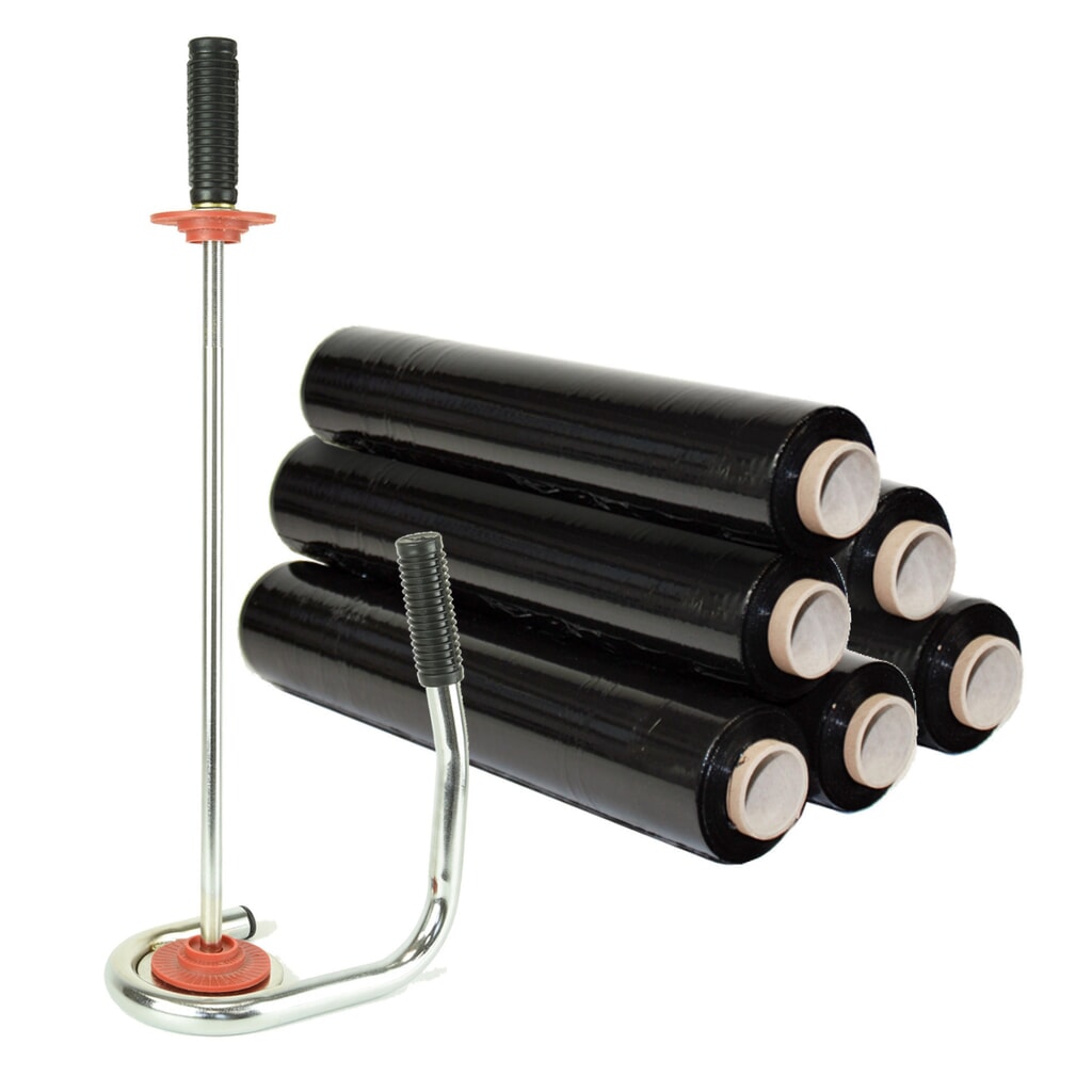 Produktabbildung: Profi-Stretchfolien-Set, 6 Rollen, BxL 500 mm x 260 lfm, inkl. 1 Handstretch-Apparat mit Kunststoff-Zentrierkegel, schwarz