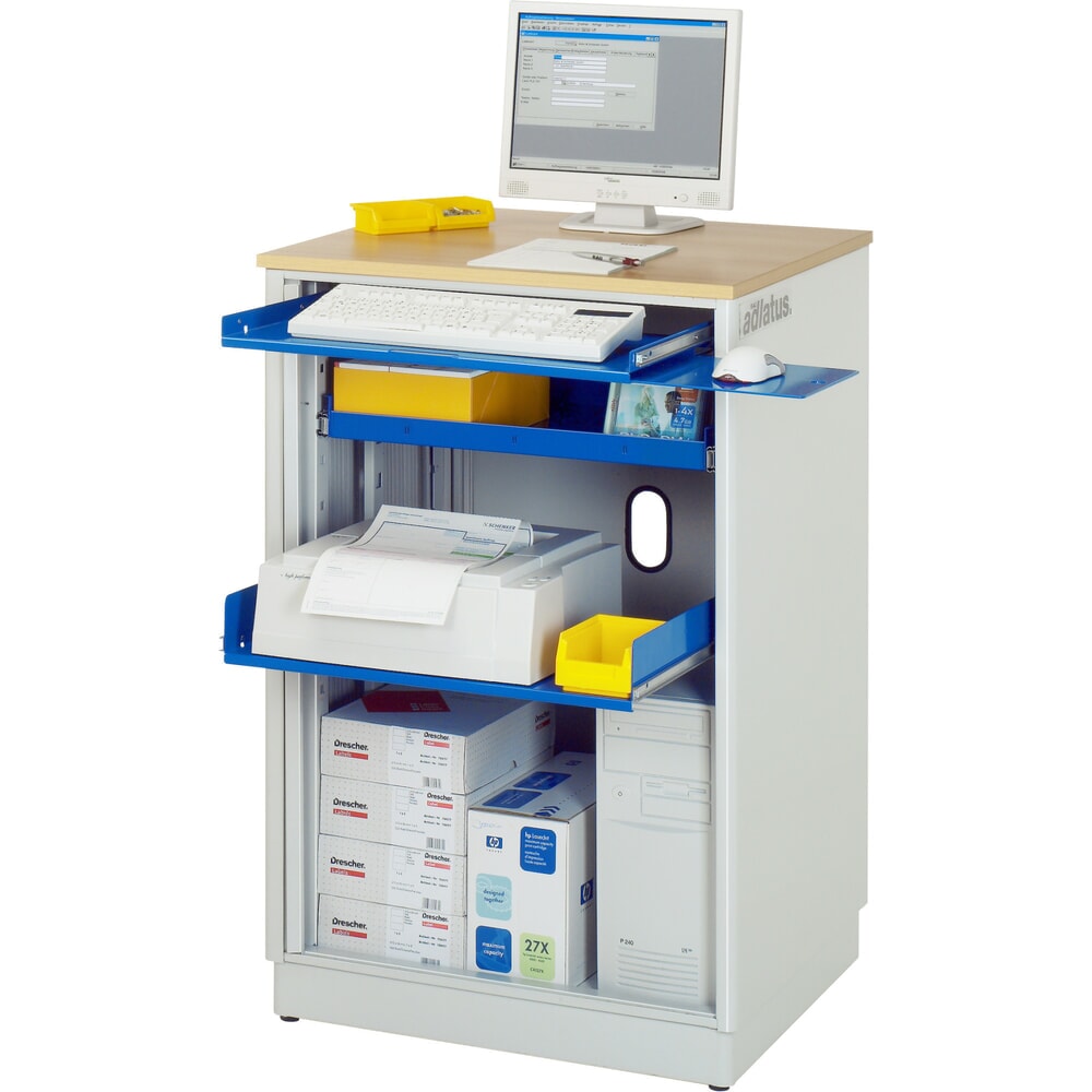 Produktabbildung: RAU Computer-Stationen, HxBxT 1.100 x 720 x 660 mm, Buche Dekor Arbeitsplatte, mit Rolladen, Steckdosenleiste