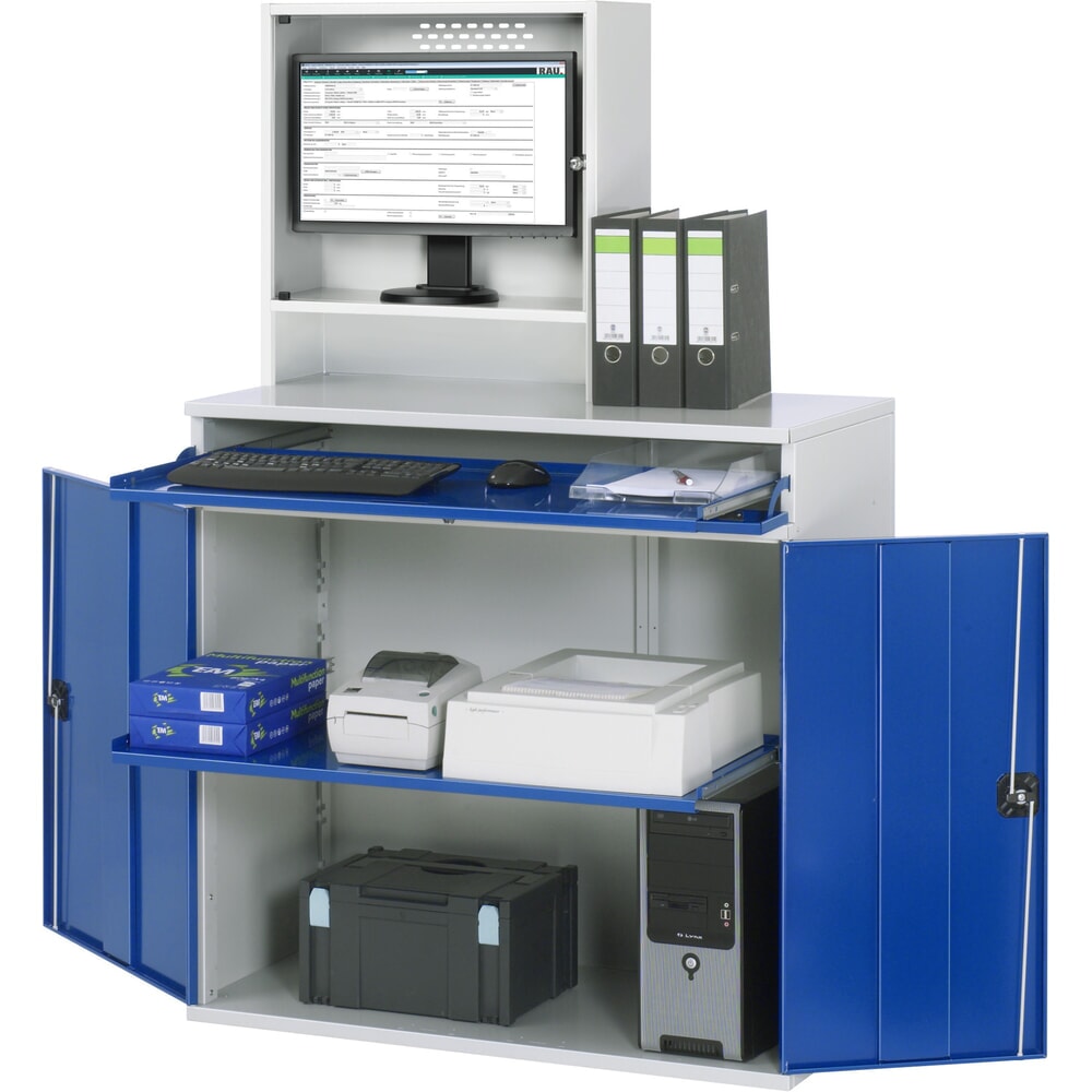 Produktabbildung: RAU Computer-Schrank, Monitorgehäuse, Tastaturauszug, Doppel-Flügeltür, Monitorfach Tiefe 230, 1 x Auszugstablar, stationär