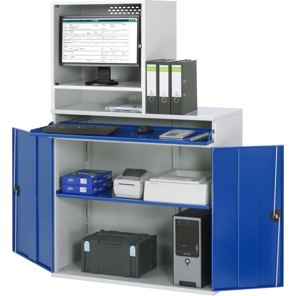 RAU Computer-Schrank, Monitorgehäuse, Tastaturauszug, Doppel-Flügeltür, Monitorfach Tiefe 500, 1 x Auszugstablar, stationär Produktabbildung: RAU Computer-Schrank, Monitorgehäuse, Tastaturauszug, Doppel-Flügeltür, Monitorfach Tiefe 500, 1 x Auszugstablar, stationär