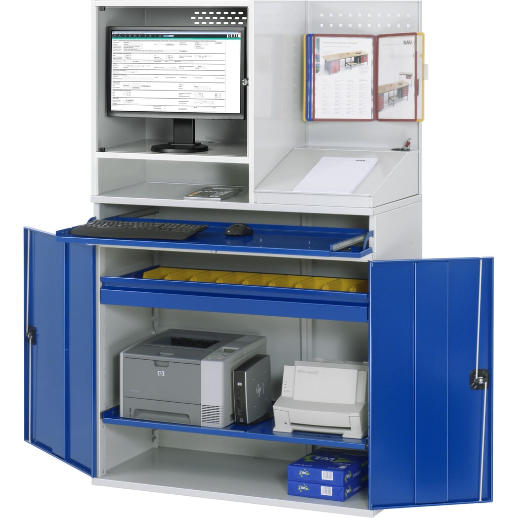 RAU Computer-Schrank, Monitorgehäuse, Tastaturauszug, Doppel-Flügeltür, Lochplattenrückwand, Schubladenanzahl x H x B: 1 x 80 x 1.020 mm Produktabbildung Nr. 3: RAU Computer-Schrank, Monitorgehäuse, Tastaturauszug, Doppel-Flügeltür, Lochplattenrückwand, Schubladenanzahl x H x B: 1 x 80 x 1.020 mm