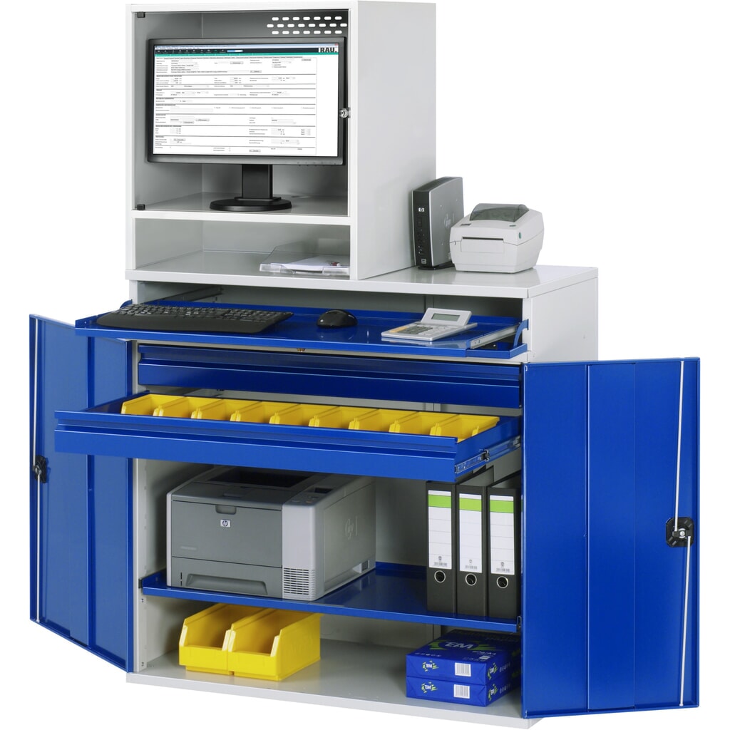 RAU Computer-Schrank, Monitorgehäuse, Tastaturauszug, Doppel-Flügeltür, Schubladenanzahl x H x B: 2 x 80 x 1.020 mm Produktabbildung: RAU Computer-Schrank, Monitorgehäuse, Tastaturauszug, Doppel-Flügeltür, Schubladenanzahl x H x B: 2 x 80 x 1.020 mm
