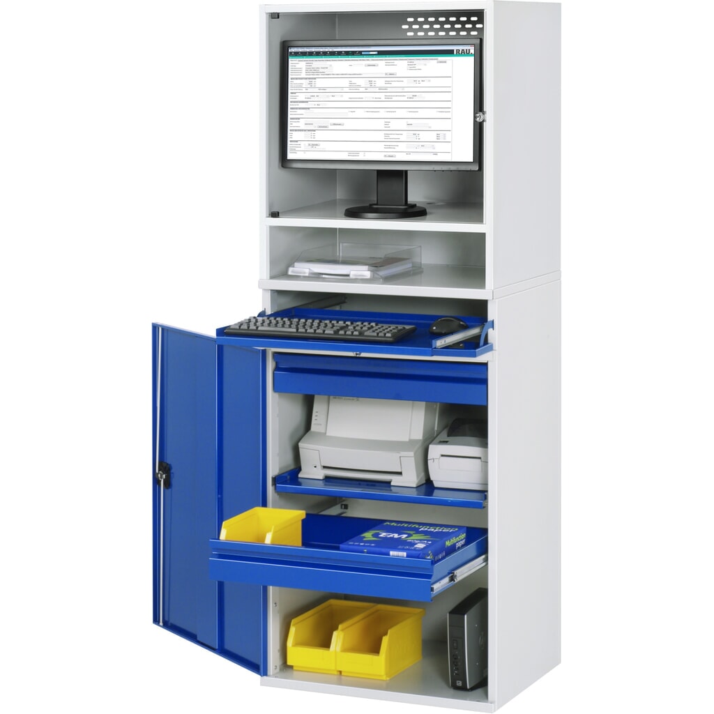 RAU Computer-Schrank, Monitorgehäuse, Tastaturauszug, Flügeltür, Schubladenanzahl x H x B: 2 x 80 x 570 mm Produktabbildung: RAU Computer-Schrank, Monitorgehäuse, Tastaturauszug, Flügeltür, Schubladenanzahl x H x B: 2 x 80 x 570 mm