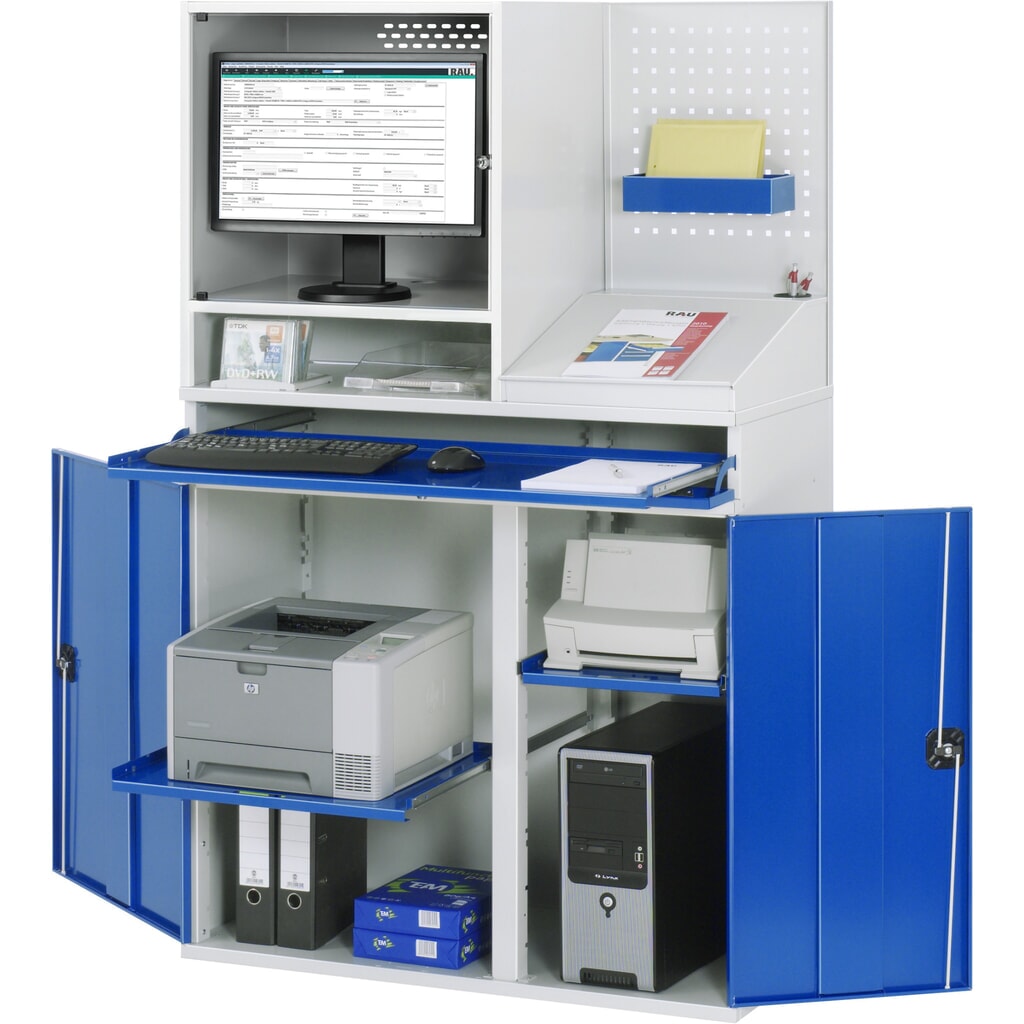 RAU Computer-Schrank, Monitorgehäuse, Tastaturauszug, Lochplattenrückwand, Doppel-Flügeltür, stationär Produktabbildung: RAU Computer-Schrank, Monitorgehäuse, Tastaturauszug, Lochplattenrückwand, Doppel-Flügeltür, stationär