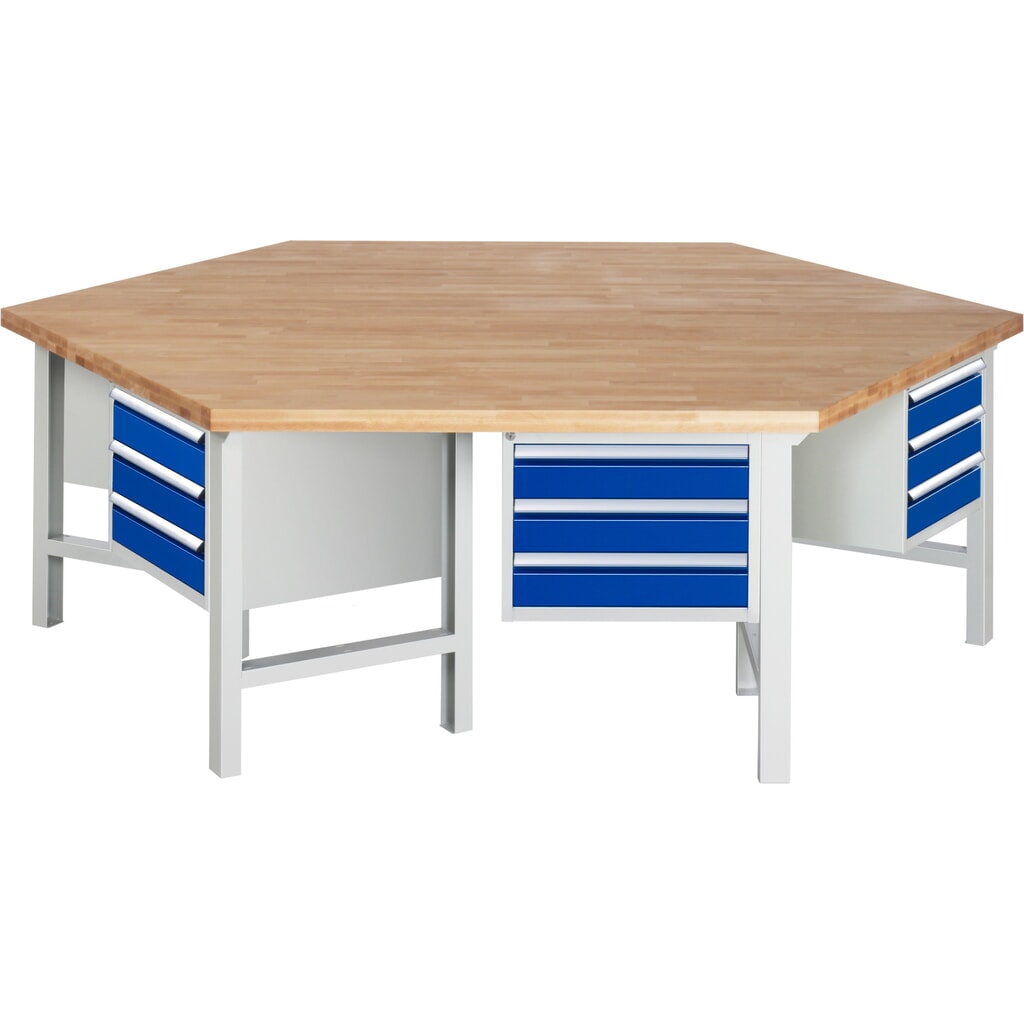 Produktabbildung: RAU Gruppenwerkbank Serie 4000, 6 Container, HxBxT 840 x 2.700 x 2.340 mm, 18 x 90%-Auszug-Schubladen