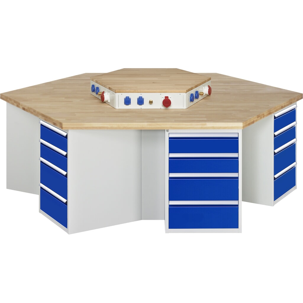 Produktabbildung: RAU Gruppenwerkbank Serie 4000, Energieaufsatz, 6 Container, Sockel, HxBxT 890 x 2.700 x 2.340 mm, 24 x 90%-Auszug-Schubladen