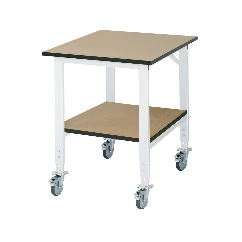 Produktabbildung: RAU höhenverstellbarer, mobiler Werktisch Serie TOM mit Ablageboden, HxBxT 910-1.230 x 750 x 1.000 mm, MDF Arbeitsplatte