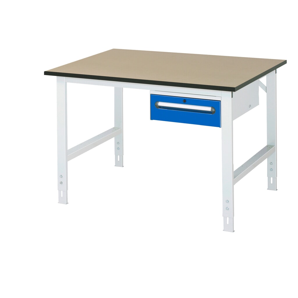 RAU höhenverstellbarer Werktisch Serie TOM, HxBxT 760-1.080 x 1.250 x 1.000 mm, 1 Schublade, MDF Arbeitsplatte Produktabbildung: RAU höhenverstellbarer Werktisch Serie TOM, HxBxT 760-1.080 x 1.250 x 1.000 mm, 1 Schublade, MDF Arbeitsplatte