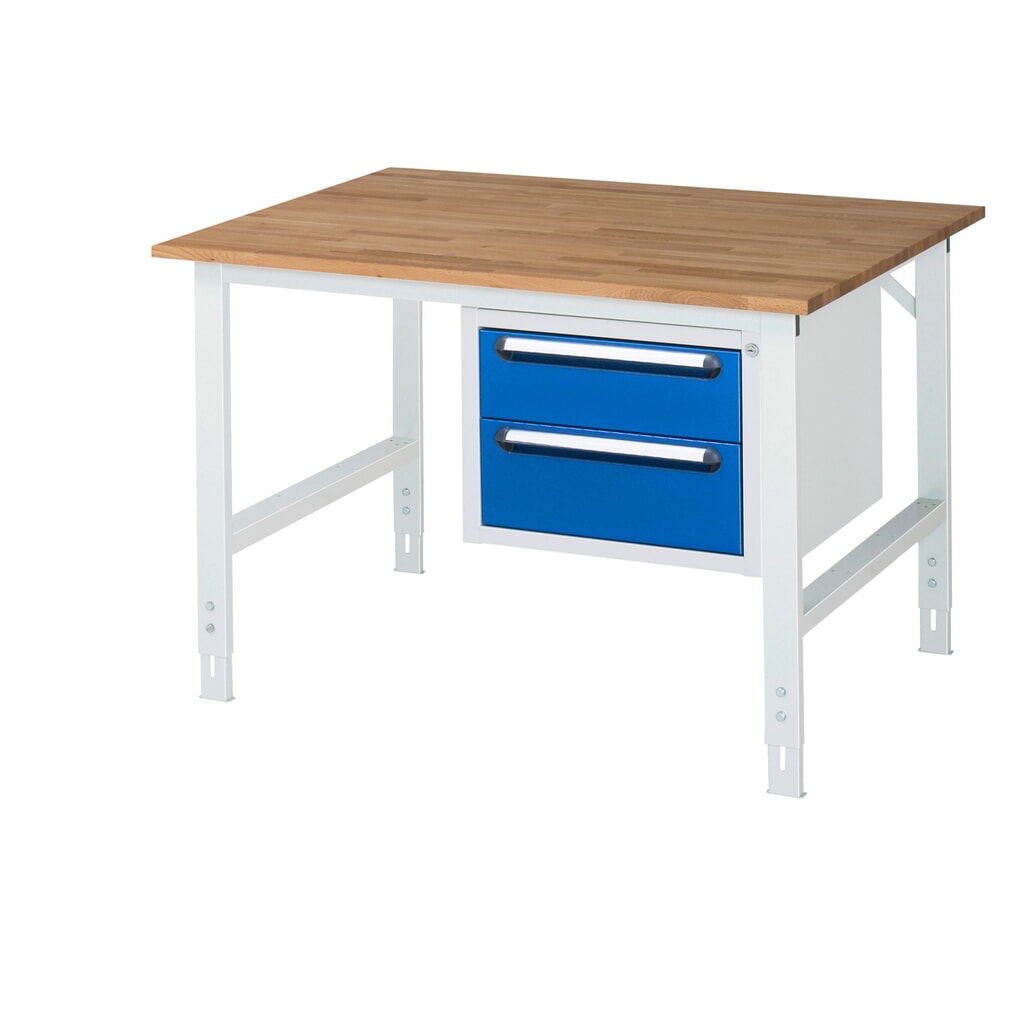 Produktabbildung: RAU höhenverstellbarer Werktisch Serie TOM, HxBxT 760-1.080 x 1.250 x 1.000 mm, 2 Schubladen, Arbeitsplatte Buche-Massiv