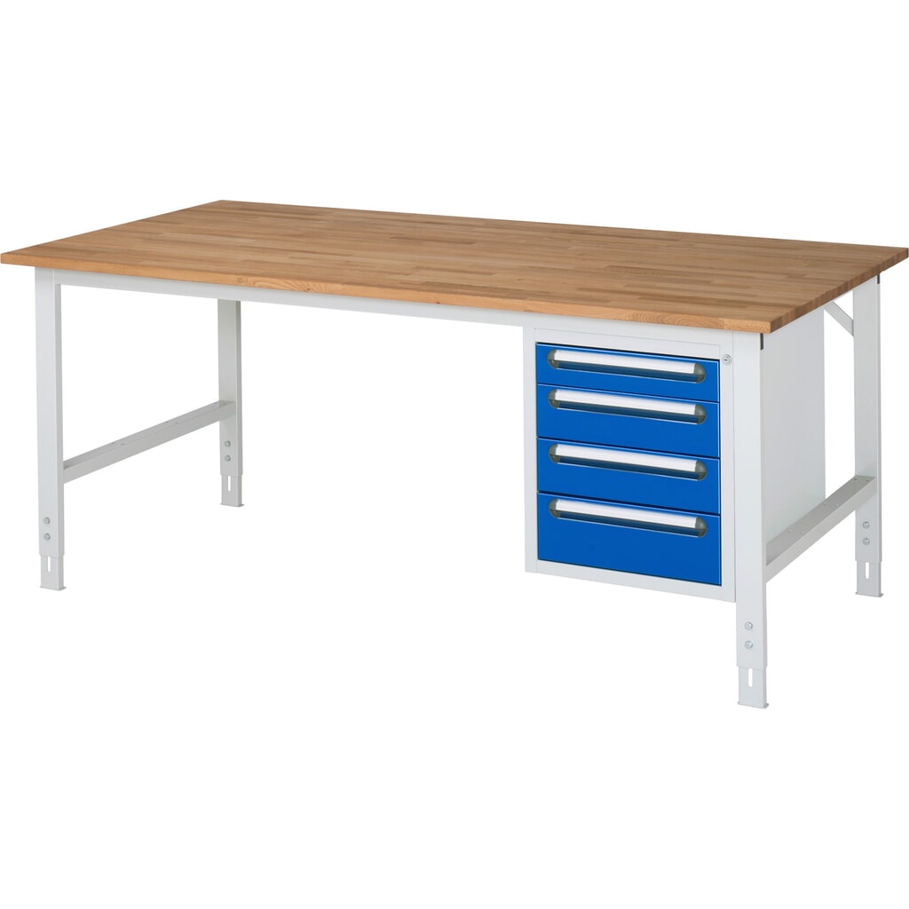 Produktabbildung: RAU höhenverstellbarer Werktisch Serie TOM, HxBxT 760-1.080 x 2.500 x 1.000 mm, 4 Schubladen, Arbeitsplatte Buche-Massiv