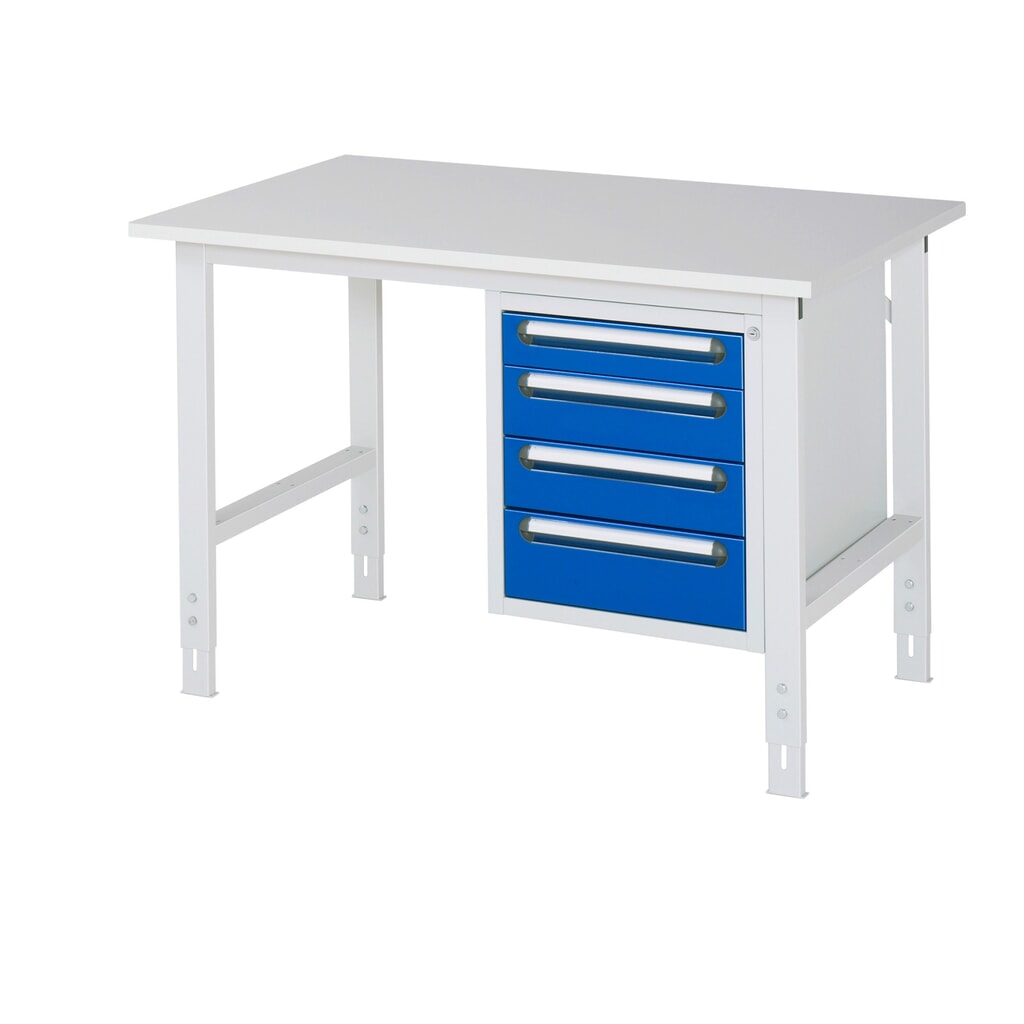Produktabbildung: RAU höhenverstellbarer Werktisch Serie TOM, HxBxT 760-1.080 x 1.250 x 800 mm, 4 Schubladen, Arbeitsplatte Melamin-Belag