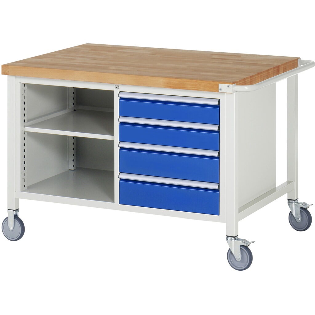 RAU mobile Werkbank Serie 8000, 1 Doppel-Container, 1 Fachboden, HxBxT 880-1.080 x 1.250 x 900 mm, 4 x 90%-Auszug-Schubladen Produktabbildung: RAU mobile Werkbank Serie 8000, 1 Doppel-Container, 1 Fachboden, HxBxT 880-1.080 x 1.250 x 900 mm, 4 x 90%-Auszug-Schubladen