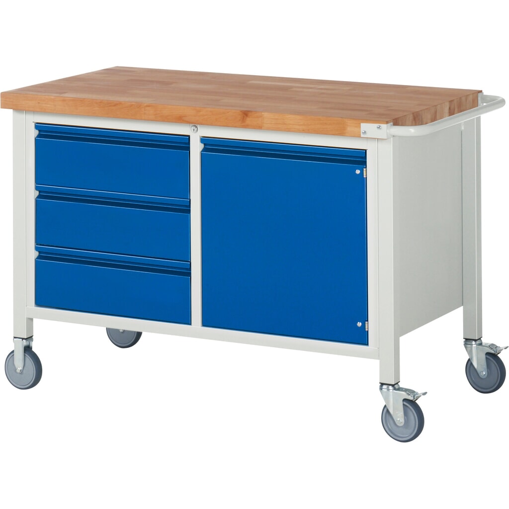 RAU mobile Werkbank Serie 8000, 1 Doppel-Container, 1 Flügeltür, HxBxT 880 x 1.250 x 700 mm, 3 x 90%-Auszug-Schubladen, integrierte Griffleiste Produktabbildung Nr. 1: RAU mobile Werkbank Serie 8000, 1 Doppel-Container, 1 Flügeltür, HxBxT 880 x 1.250 x 700 mm, 3 x 90%-Auszug-Schubladen, integrierte Griffleiste