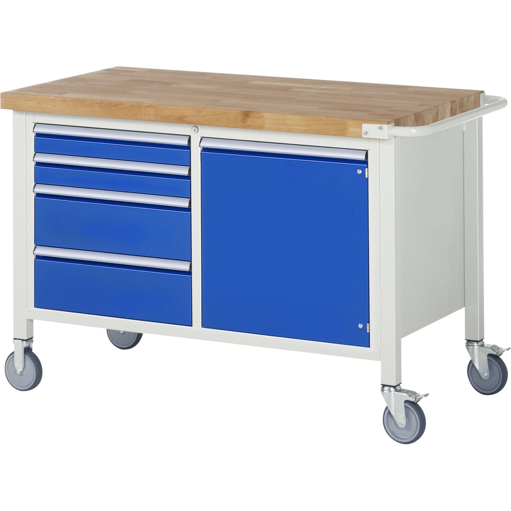 Produktabbildung: RAU mobile Werkbank Serie 8000, 1 Doppel-Container, 1 Flügeltür, HxBxT 880-1.080 x 1.250 x 700 mm, 4 x 90%-Auszug-Schubladen