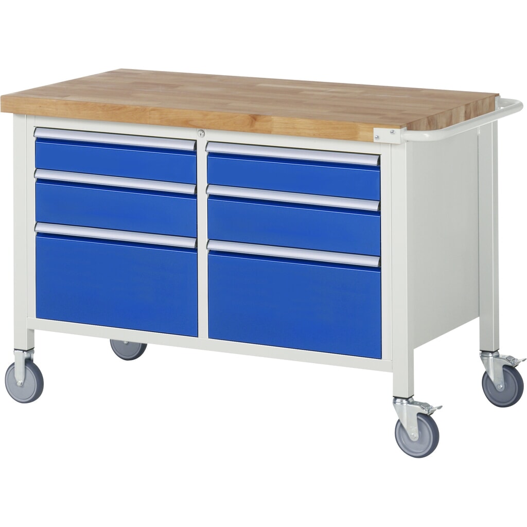 Produktabbildung: RAU mobile Werkbank Serie 8000, 1 Doppel-Container, HxBxT 880-1.080 x 1.250 x 700 mm, 6 x 90%-Auszug-Schubladen
