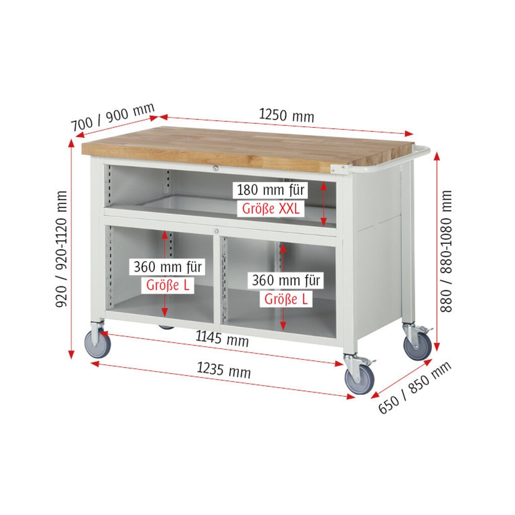 Produktabbildung Nr. 7: RAU mobile Werkbank Serie 8000, 1 Dreifach-Container, HxBxT 920-1.120 x 1.250 x 700 mm, 7 x 90%-Auszug-Schubladen