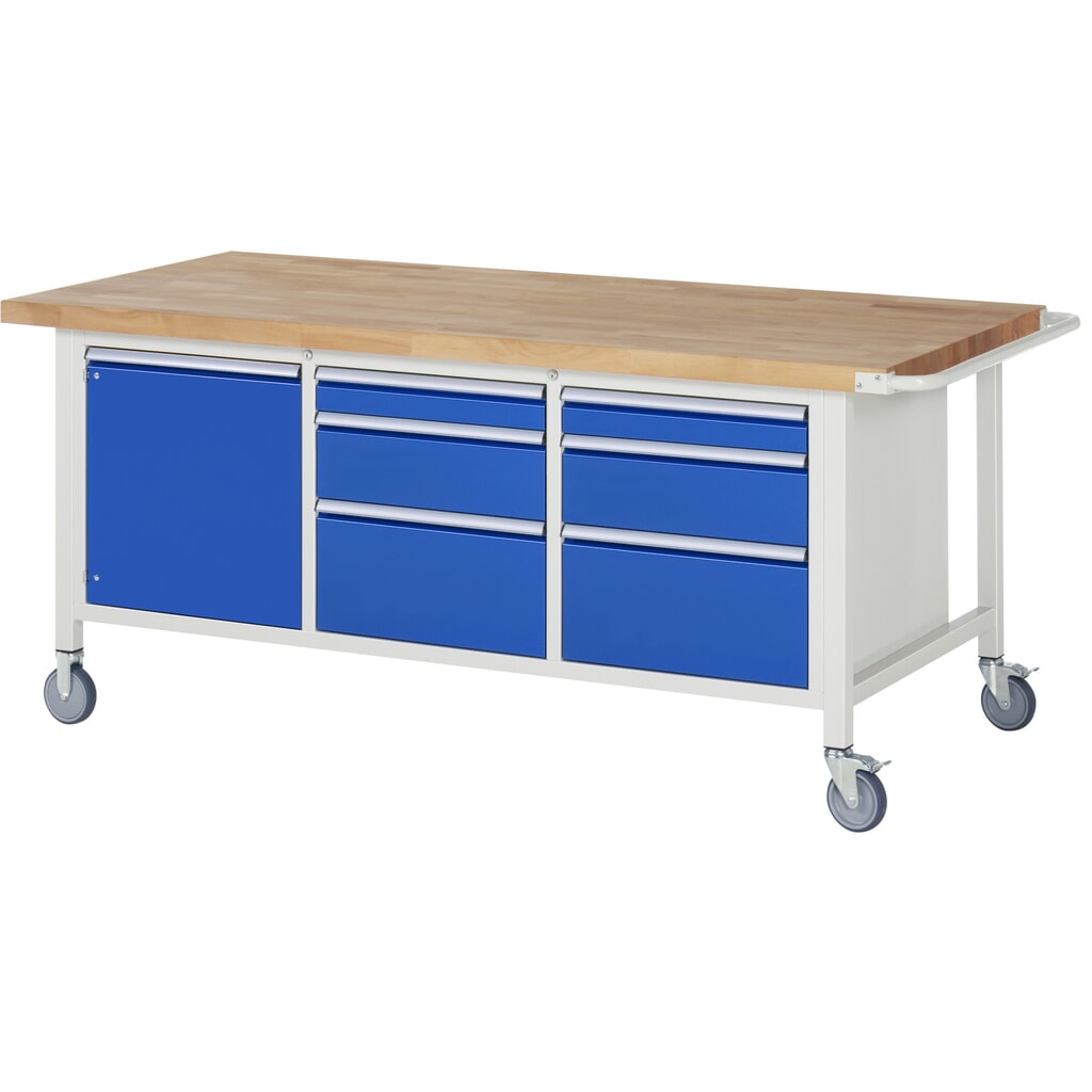 Produktabbildung: RAU mobile Werkbank Serie 8000, 1 Dreifach-Container, 1 Flügeltür, HxBxT 880 x 2.000 x 900 mm, 6 x 90%-Auszug-Schubladen