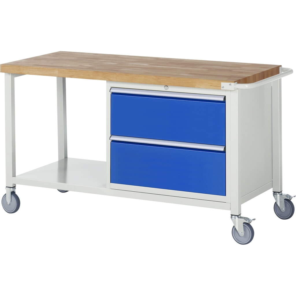 Produktabbildung: RAU mobile Werkbank Serie 8000, 1 Ablageboden, HxBxT 880-1.080 x 1.500 x 700 mm, 2 x 90%-Auszug-Schubladen