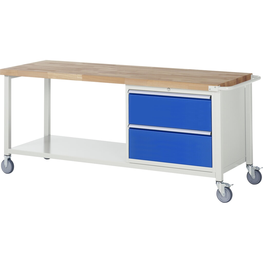 RAU mobile Werkbank Serie 8000, 1 Ablageboden, HxBxT 880-1.080 x 2.000 x 700 mm, 2 x 100%-Auszug-Schubladen Produktabbildung: RAU mobile Werkbank Serie 8000, 1 Ablageboden, HxBxT 880-1.080 x 2.000 x 700 mm, 2 x 100%-Auszug-Schubladen