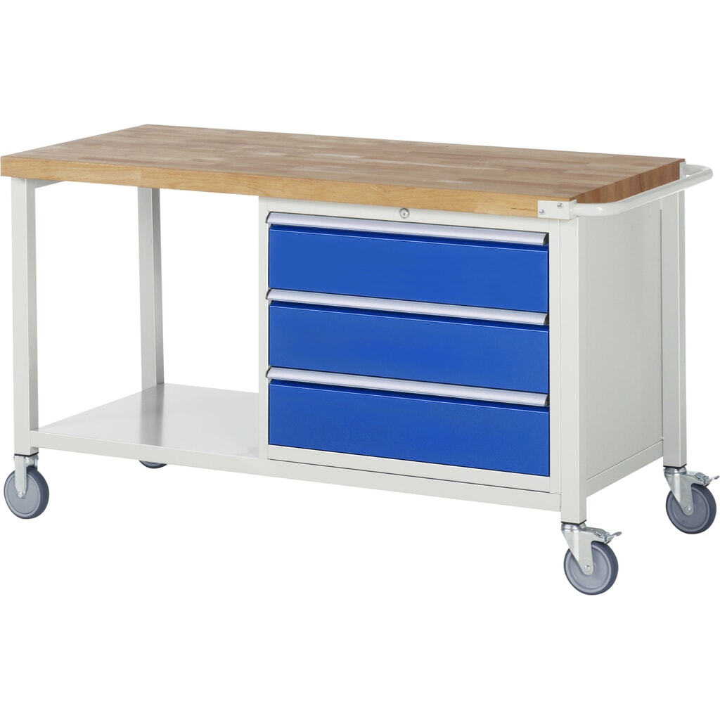Produktabbildung: RAU mobile Werkbank Serie 8000, 1 Ablageboden, HxBxT 880 x 1.500 x 700 mm, 3 x 100%-Auszug-Schubladen, Breite 680 mm