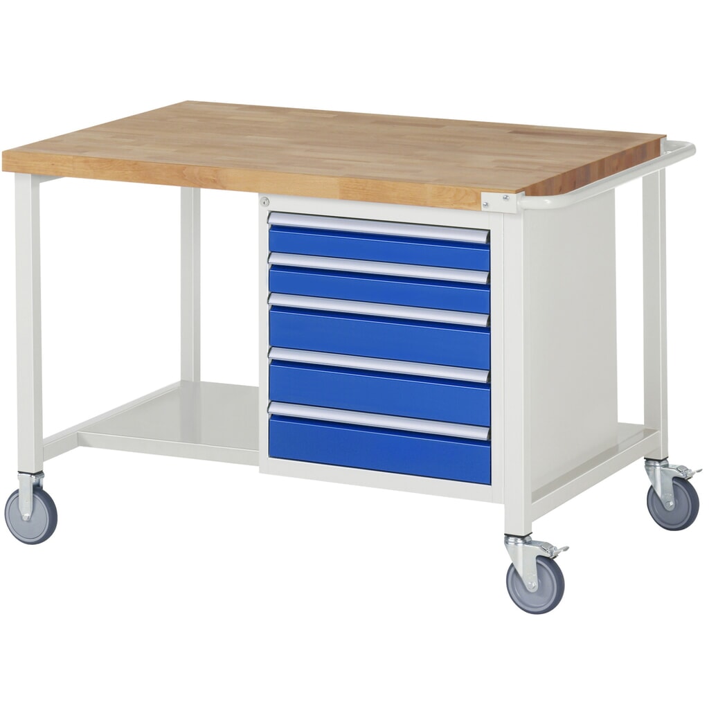 RAU mobile Werkbank Serie 8000, HxBxT 880 x 1.250 x 900 mm, 1 Container, 5 x 90%-Auszug-Schubladen, Breite 490 mm Produktabbildung: RAU mobile Werkbank Serie 8000, HxBxT 880 x 1.250 x 900 mm, 1 Container, 5 x 90%-Auszug-Schubladen, Breite 490 mm