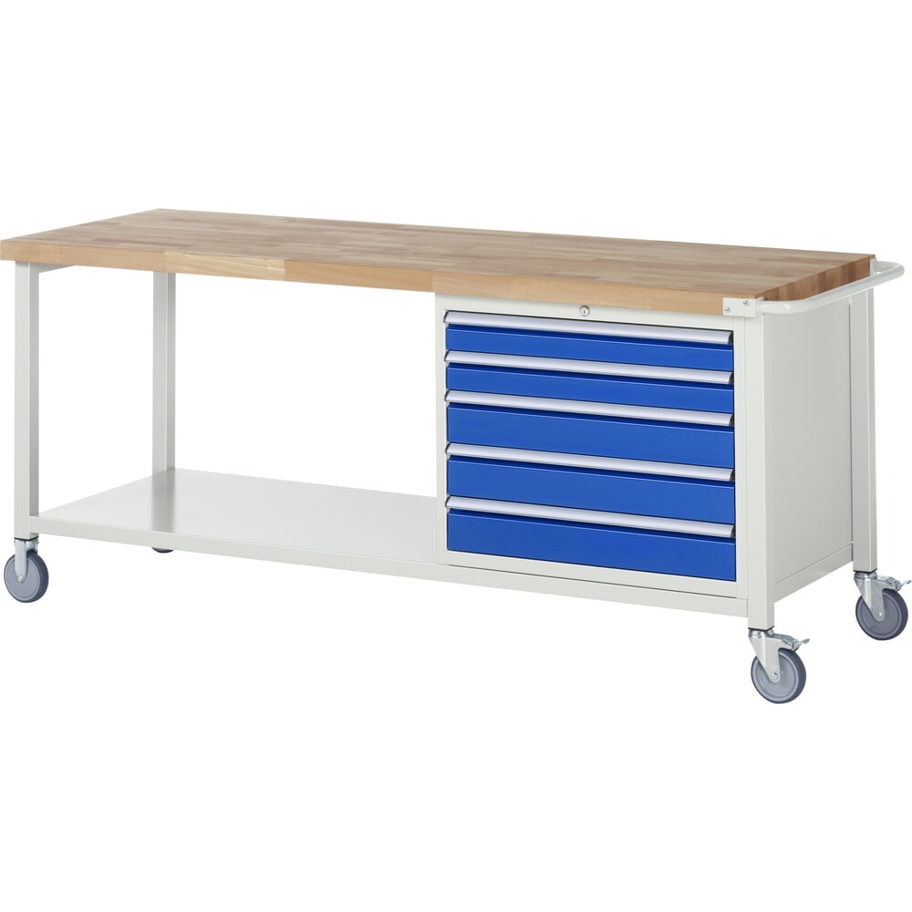 Produktabbildung: RAU mobile Werkbank Serie 8000, 1 Ablageboden, HxBxT 880-1.080 x 2.000 x 700 mm, 5 x 90%-Auszug-Schubladen, Breite 680 mm